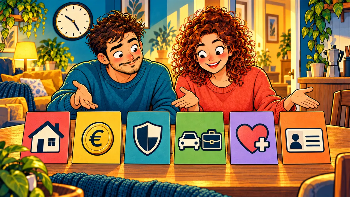 Ben und Mia hinter sechs bunten Symbolkarten für Wohnen, Geld, Versicherung, Auto, Gesundheit und Ausweis
